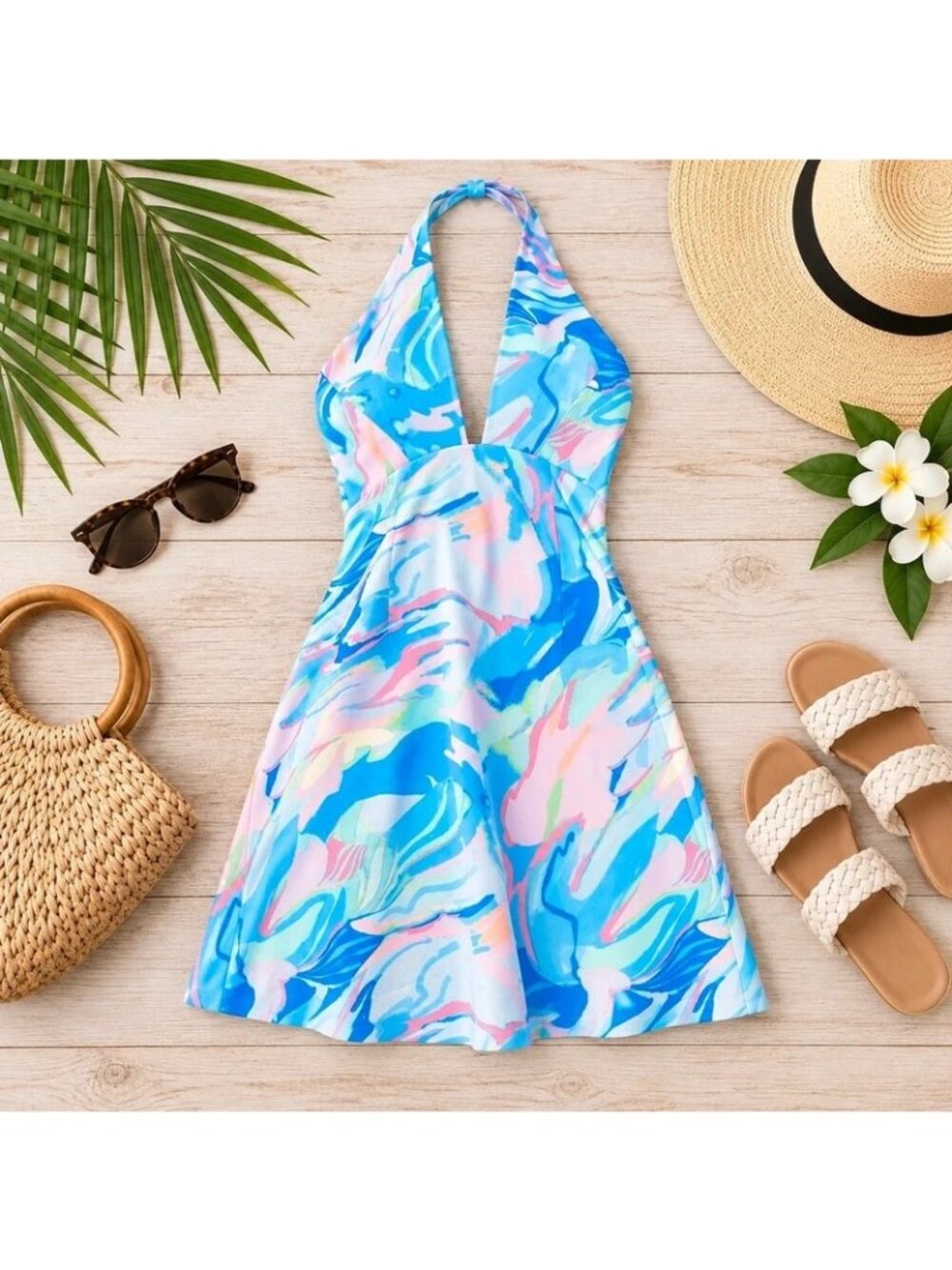 French Connection Dalla Printed Halter Mini Dress Size 0 / UK 4 - Pastel Blue Ab